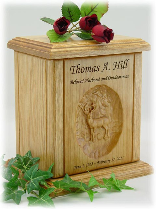 Whitetail Buck Relief Carved Engraved Wood Cremation Urn