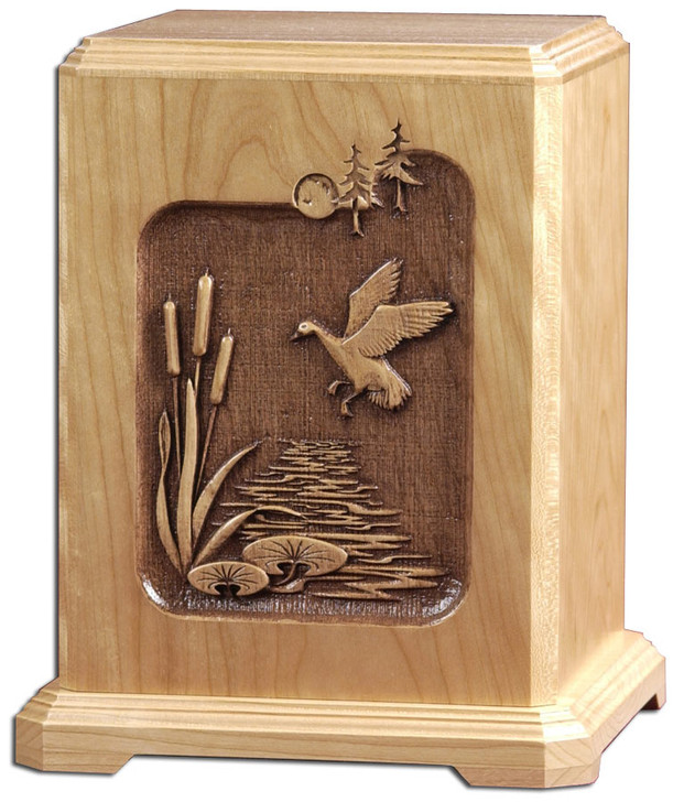 Wildlife Scene Laser Carved Cherry Wood Cremation Urn