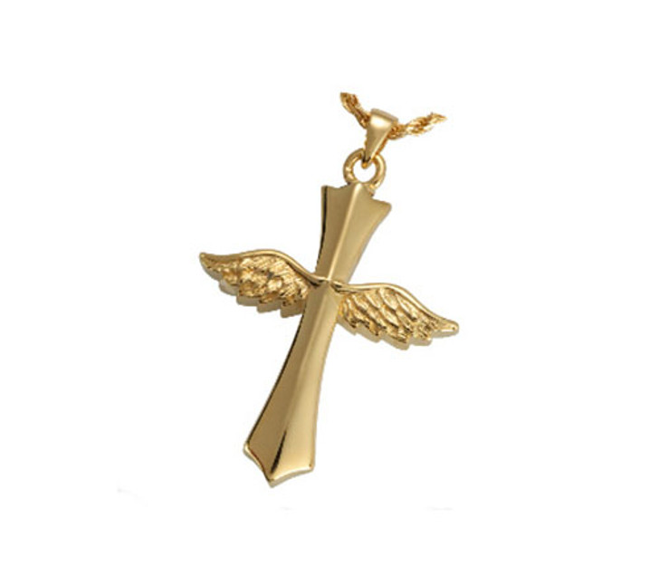 Winged Cross Cremation Jewelry in 14k Gold Plated Sterling Silver