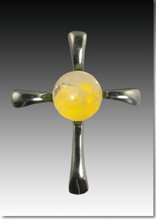 Yellow Symphony Cross Cremains Encased in Glass Sterling Silver Cremation Jewelry Pendant