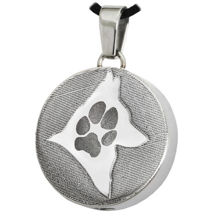 Pawprint and Silhouette Round Stainless Steel Memorial Pet Cremation Jewelry Pendant Necklace