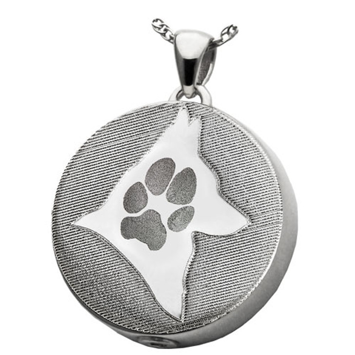 Pawprint and Silhouette Round Sterling Silver Memorial Pet Cremation Jewelry Pendant Necklace
