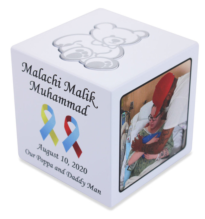 Photo Infant Cremation Urn Cube with Teddy Bear - Pink, Blue or White