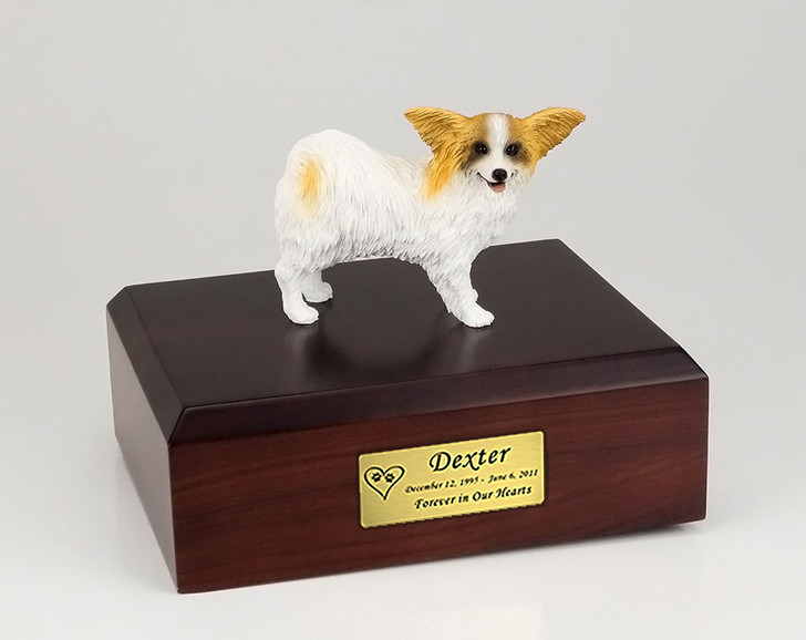 Brown White Papillon Dog Figurine Pet Cremation Urn - 800