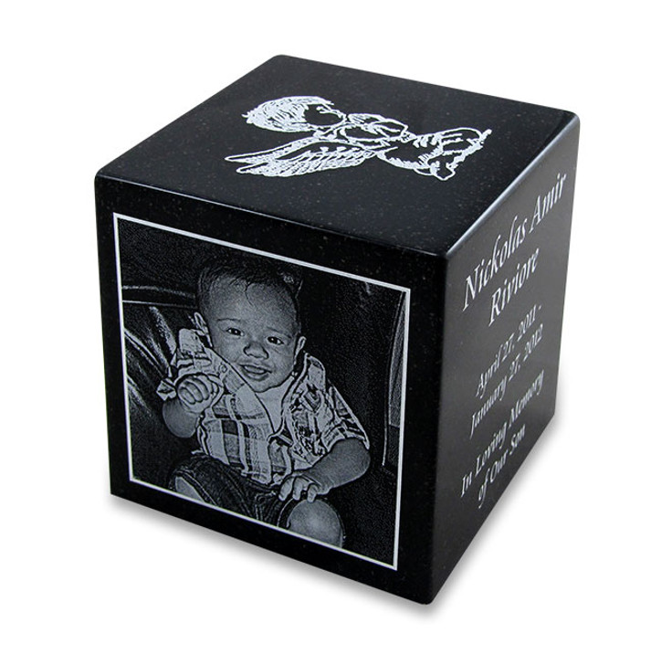 Black Granite Infant Child Cube Cremation Urn with Engraved Photo