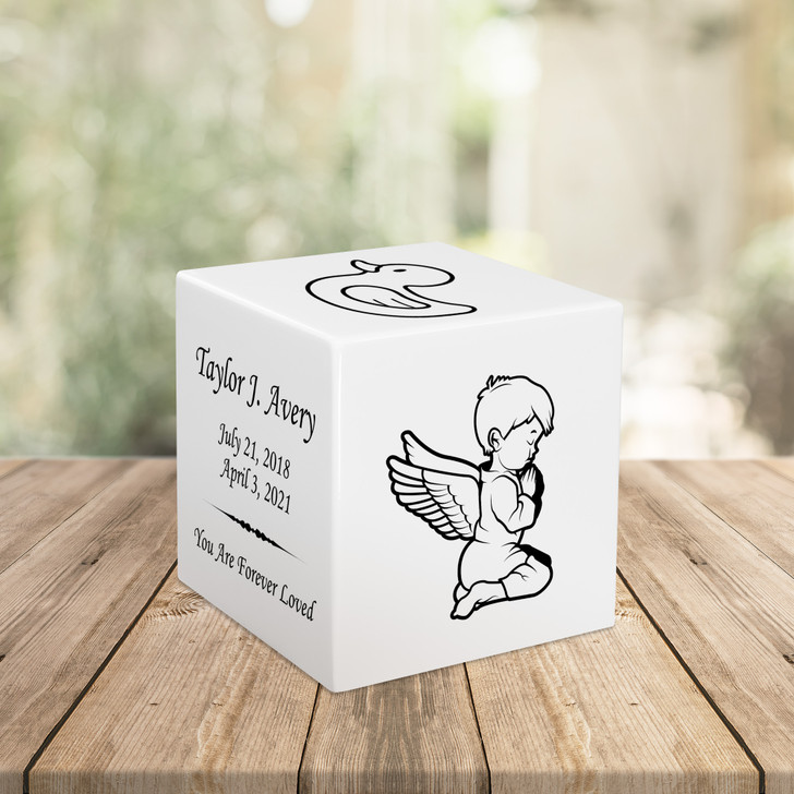 Angel Boy Baby Infant Child Stonewood Cube Cremation Urn