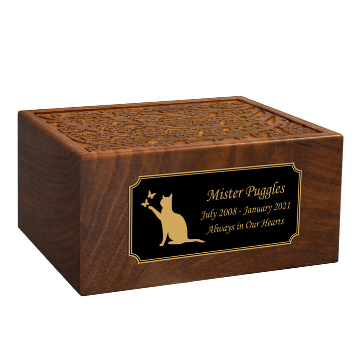 Cat with Butterflies Sheesham Pet Cremation Urn - 2 Sizes