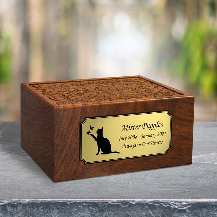 Cat with Butterflies Sheesham Pet Cremation Urn - 2 Sizes
