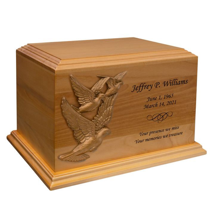 Doves In Flight Applique Diplomat Solid Cherry Wood Cremation Urn