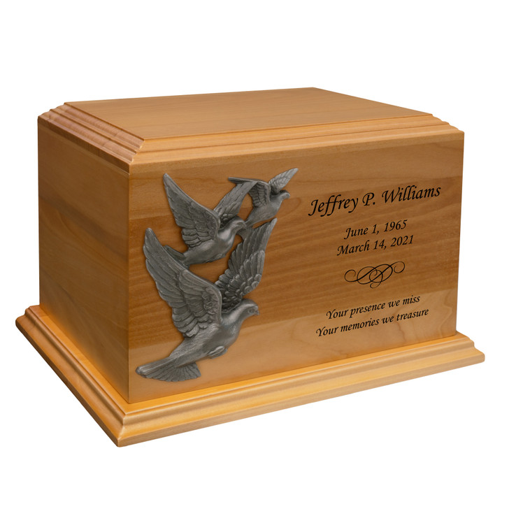 Doves In Flight Applique Diplomat Solid Cherry Wood Cremation Urn