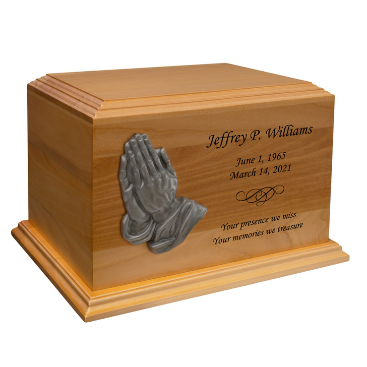 Praying Hands Applique Diplomat Solid Cherry Wood Cremation Urn