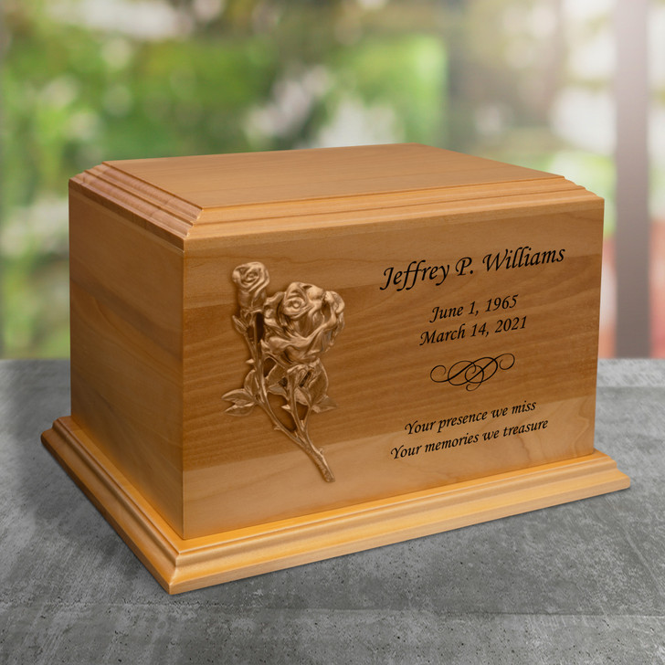 Roses Applique Diplomat Solid Cherry Wood Cremation Urn
