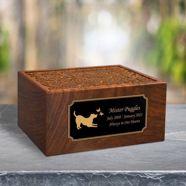 Dog with Butterflies Sheesham Pet Cremation Urn - 2 Sizes