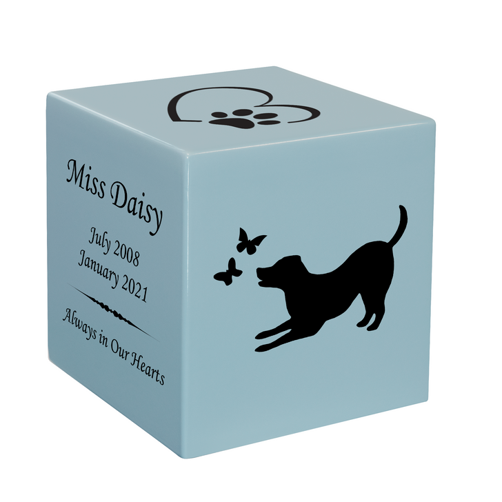 Dog with Butterflies Pet Stonewood Cube Cremation Urn