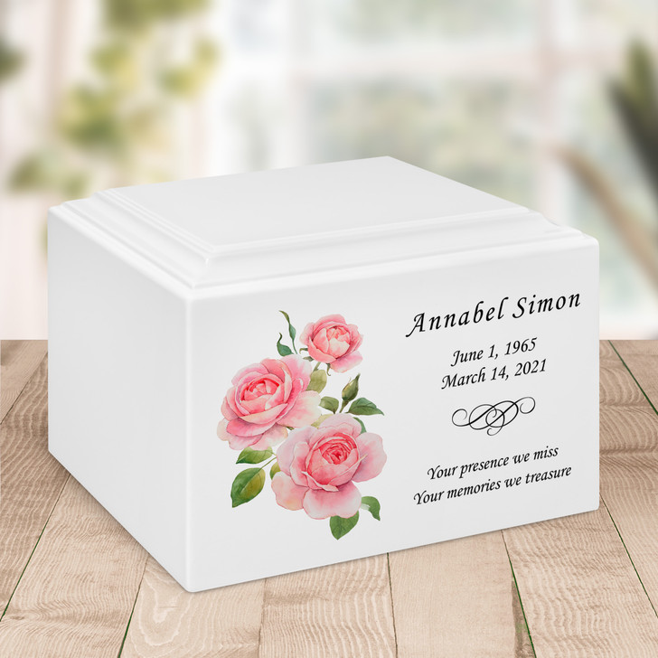Pink Roses Watercolor Stonewood Cremation Urn