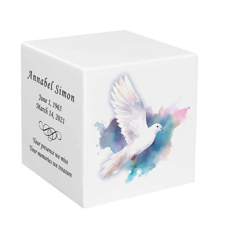 Flying Dove Watercolor Keepsake Stonewood Cube Cremation Urn