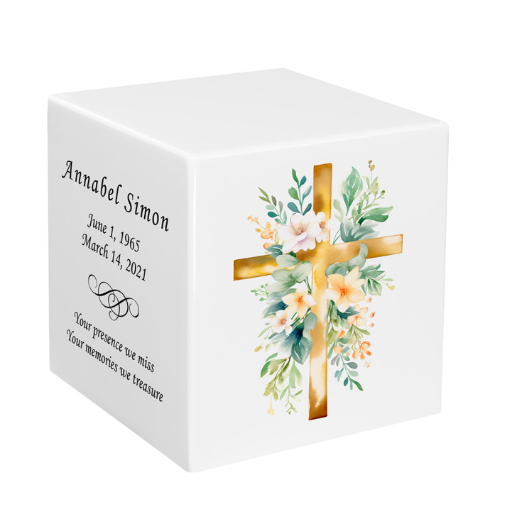 Floral Cross Watercolor Keepsake Stonewood Cube Cremation Urn