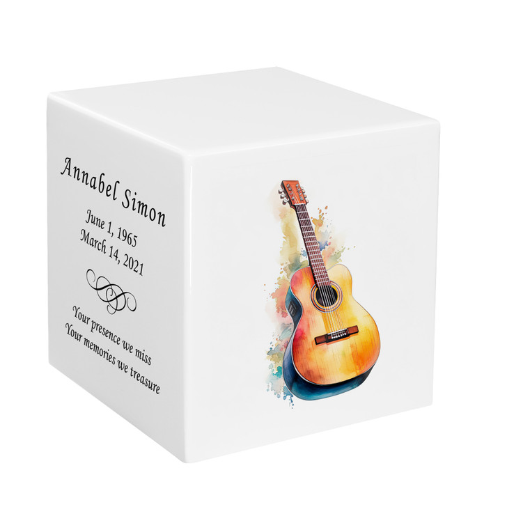 Guitar Watercolor Keepsake Stonewood Cube Cremation Urn