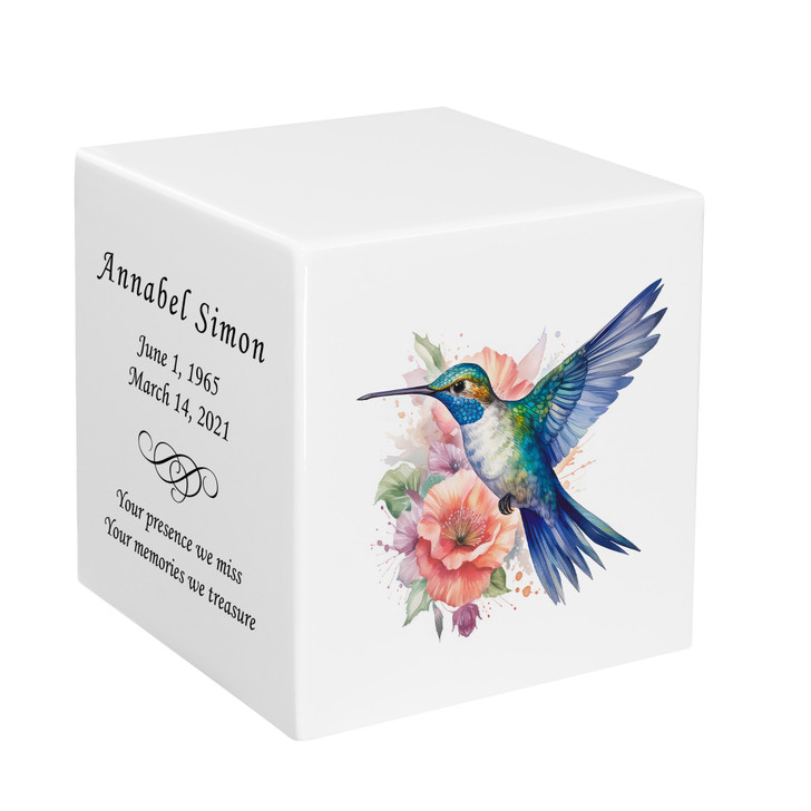 Hummingbird Watercolor Keepsake Stonewood Cube Cremation Urn