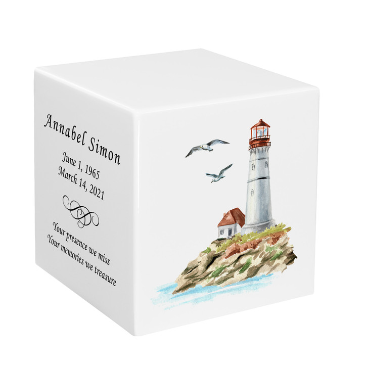 Lighthouse Watercolor Keepsake Stonewood Cube Cremation Urn