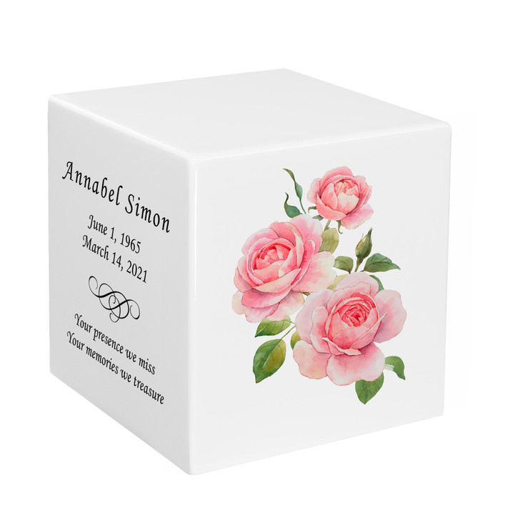 Pink Roses Watercolor Keepsake Stonewood Cube Cremation Urn