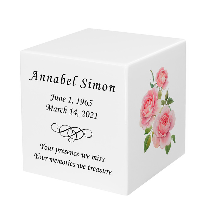 Pink Roses Watercolor Keepsake Stonewood Cube Cremation Urn