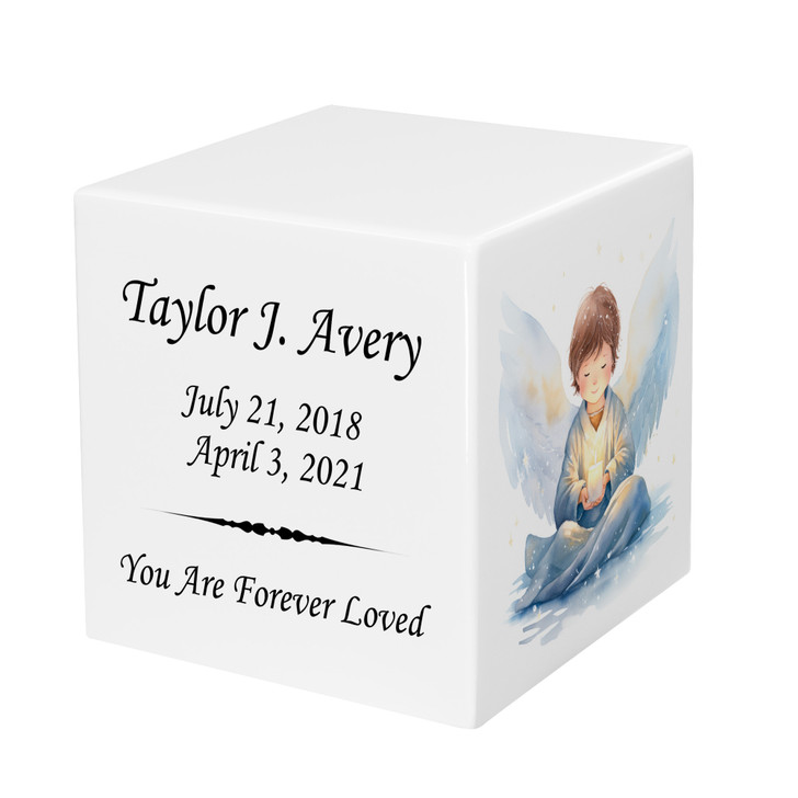 Angel Boy Baby Infant Child Watercolor Stonewood Cube Cremation Urn