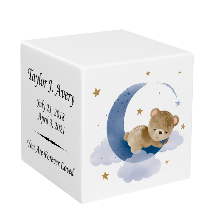 Teddy Bear Moon Baby Infant Child Watercolor Stonewood Cube Cremation Urn