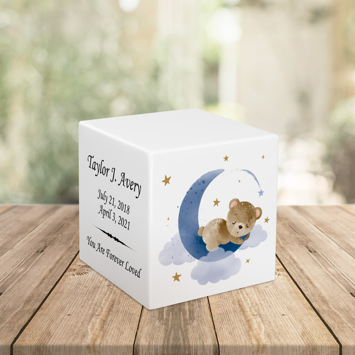 Teddy Bear Moon Baby Infant Child Watercolor Stonewood Cube Cremation Urn