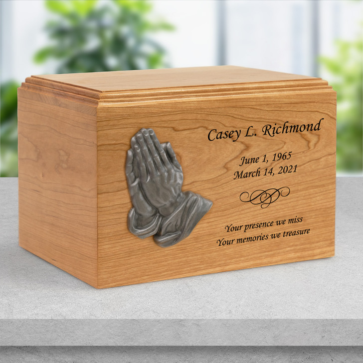 Praying Hands Applique Craftsman Solid Cherry Wood Cremation Urn