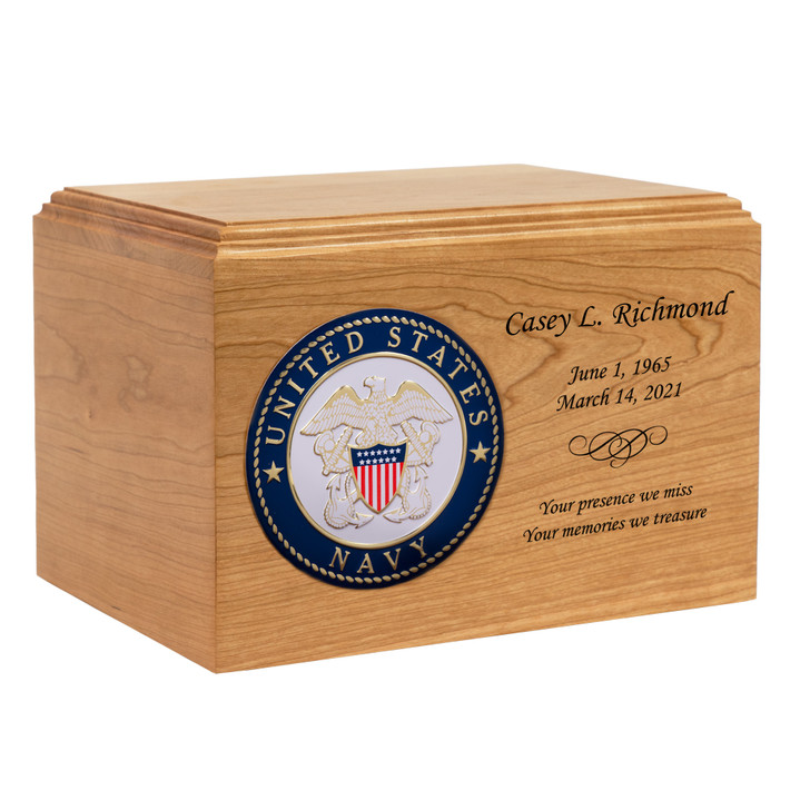 Navy Color Emblem Craftsman Solid Cherry Wood Cremation Urn