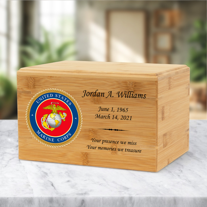 Marine Corps Color Emblem Renewable Bamboo Wood Cremation Urn