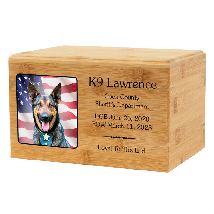 K-9 Service Dog Pet Renewable Bamboo Wood Cremation Urn