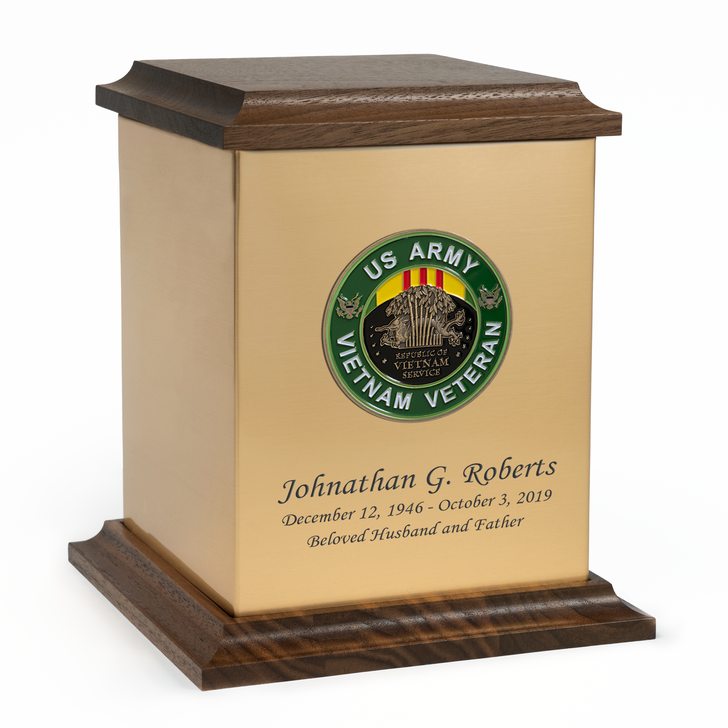 US Army Vietnam Veteran Hero Medallion Sheet Bronze With Walnut Trim Snap-Top Cremation Urn