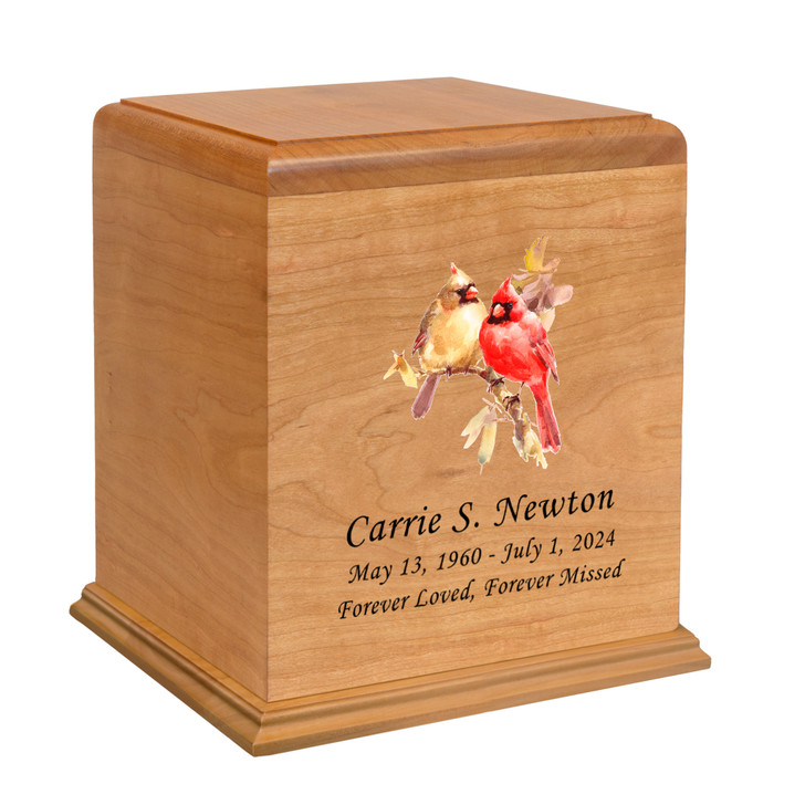 Two Cardinals Watercolor Auburn Solid Cherry Wood Cremation Urn