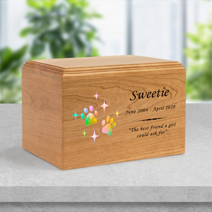 Rainbow Sparkle Paws Watercolor Pet Craftsman Solid Cherry Wood Cremation Urn