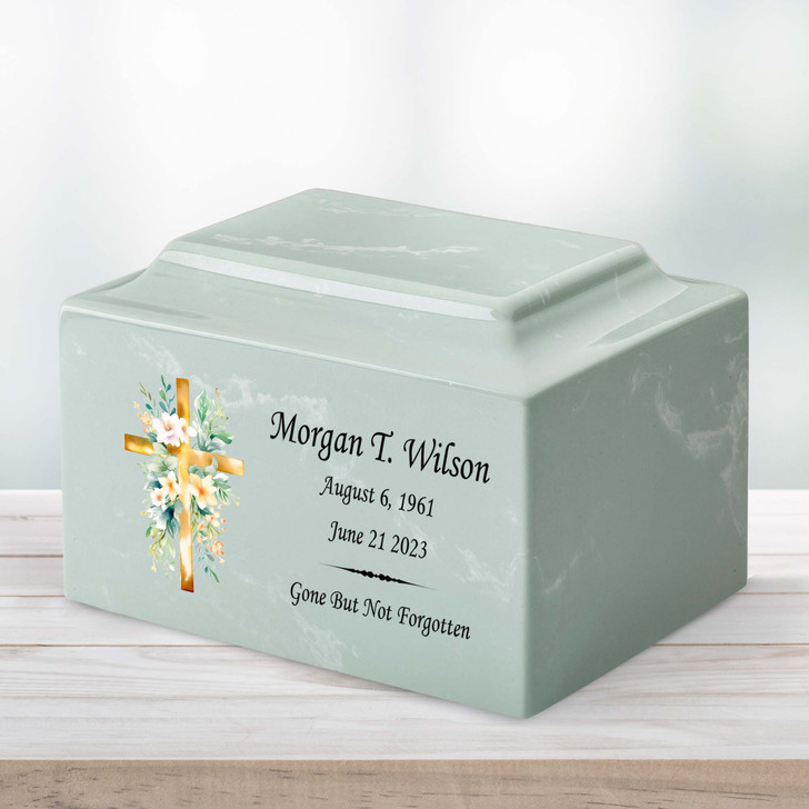 Floral Cross Watercolor Classic Cultured Marble Cremation Urn