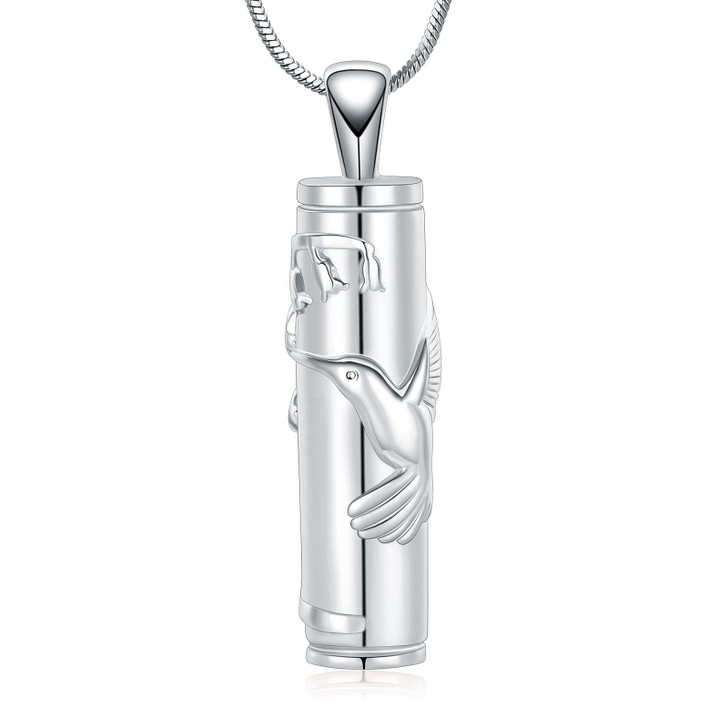 Hummingbird Cylinder Stainless Steel Cremation Jewelry Pendant Necklace
