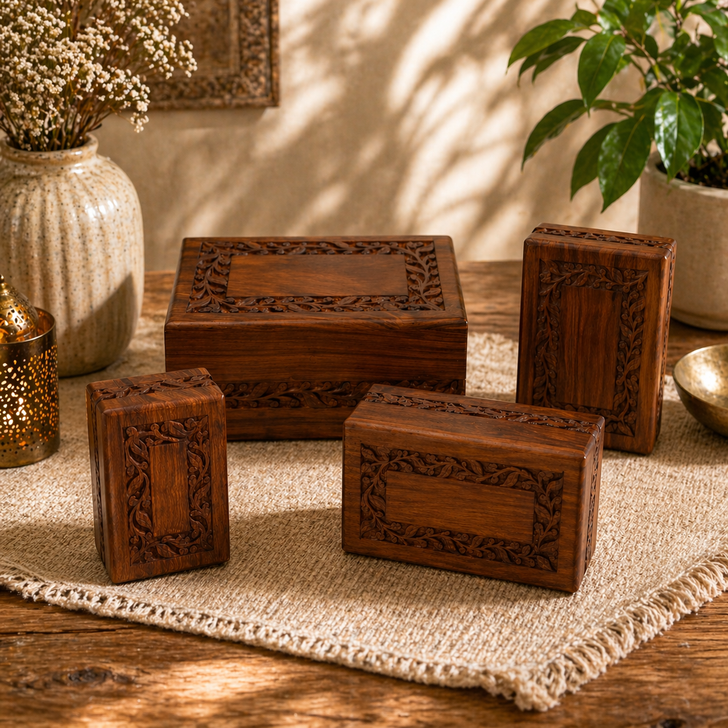 Carved Border Sheesham Wood Urns (Cases) - 4 Sizes