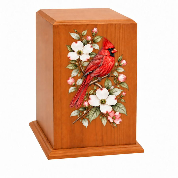 Floral Cardinal Tower Cherry Wood Cremation Urn