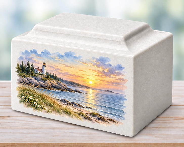 Lighthouse Sunset Classic MacKenzie Cultured Marble Cremation Urn