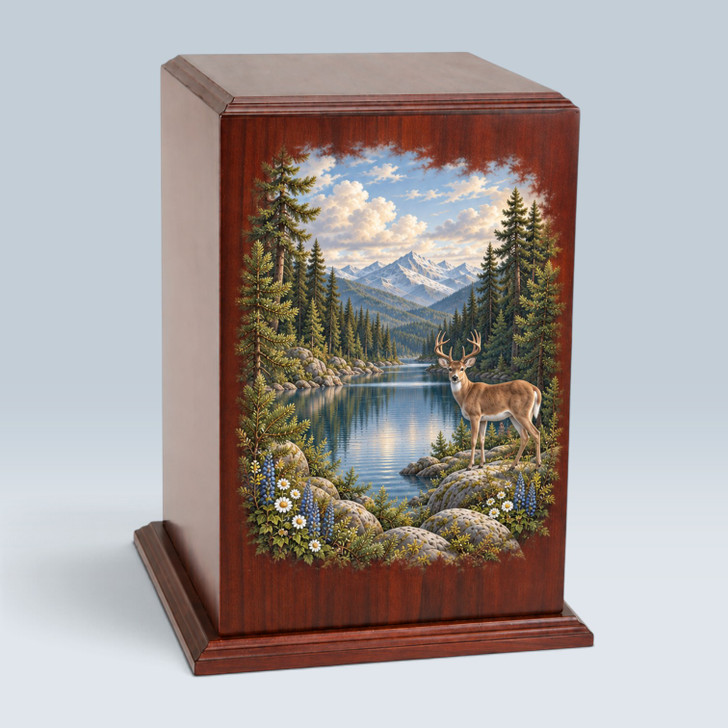 Deer & Mountain Tower Wood Cremation Urn
