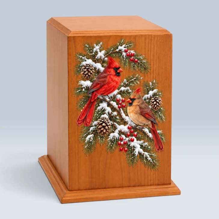 Two Cardinals Winter Tower Wood Cremation Urn