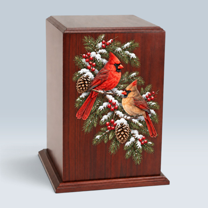 Two Cardinals Winter Tower Wood Cremation Urn