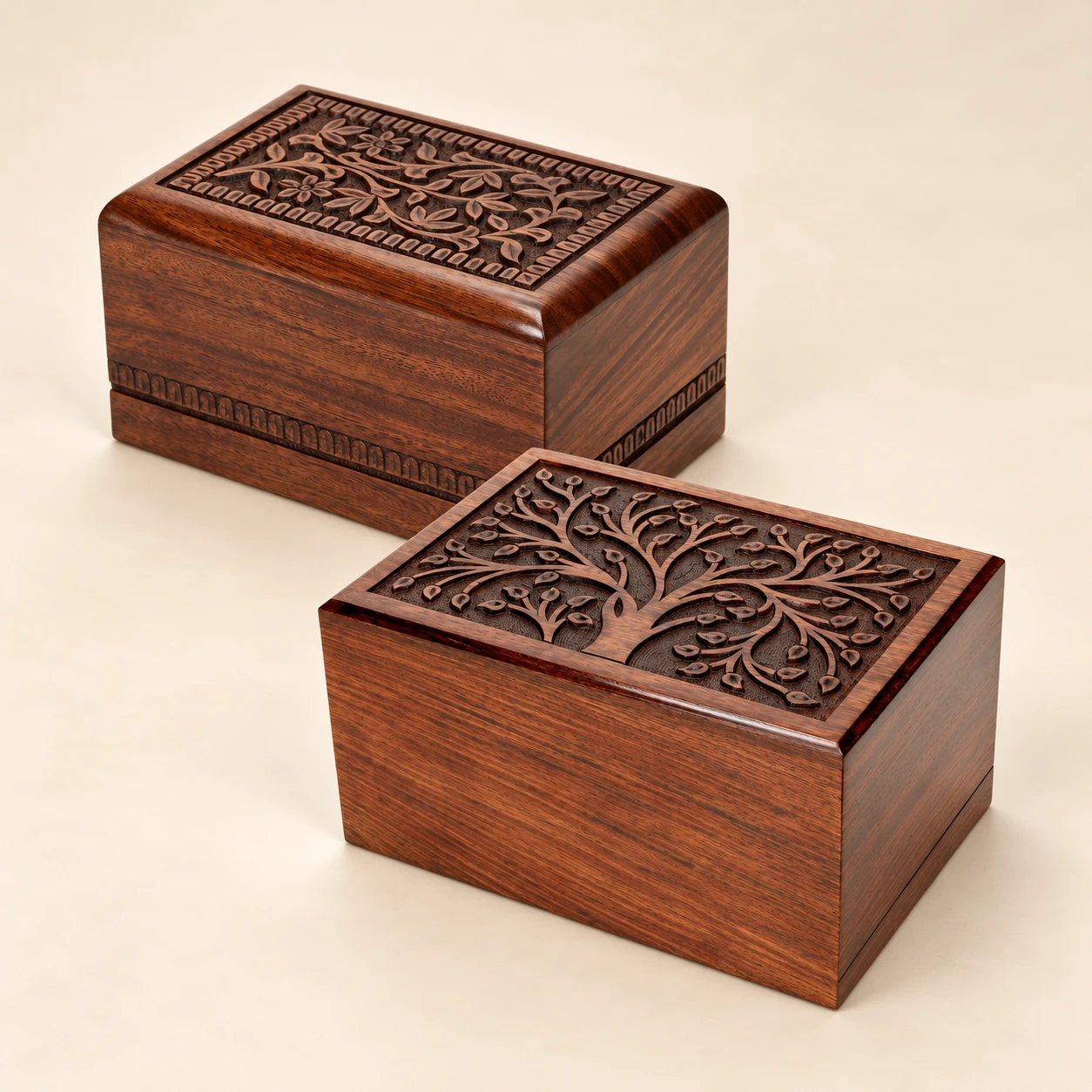 Carved floral and Tree of Life wooden urns
