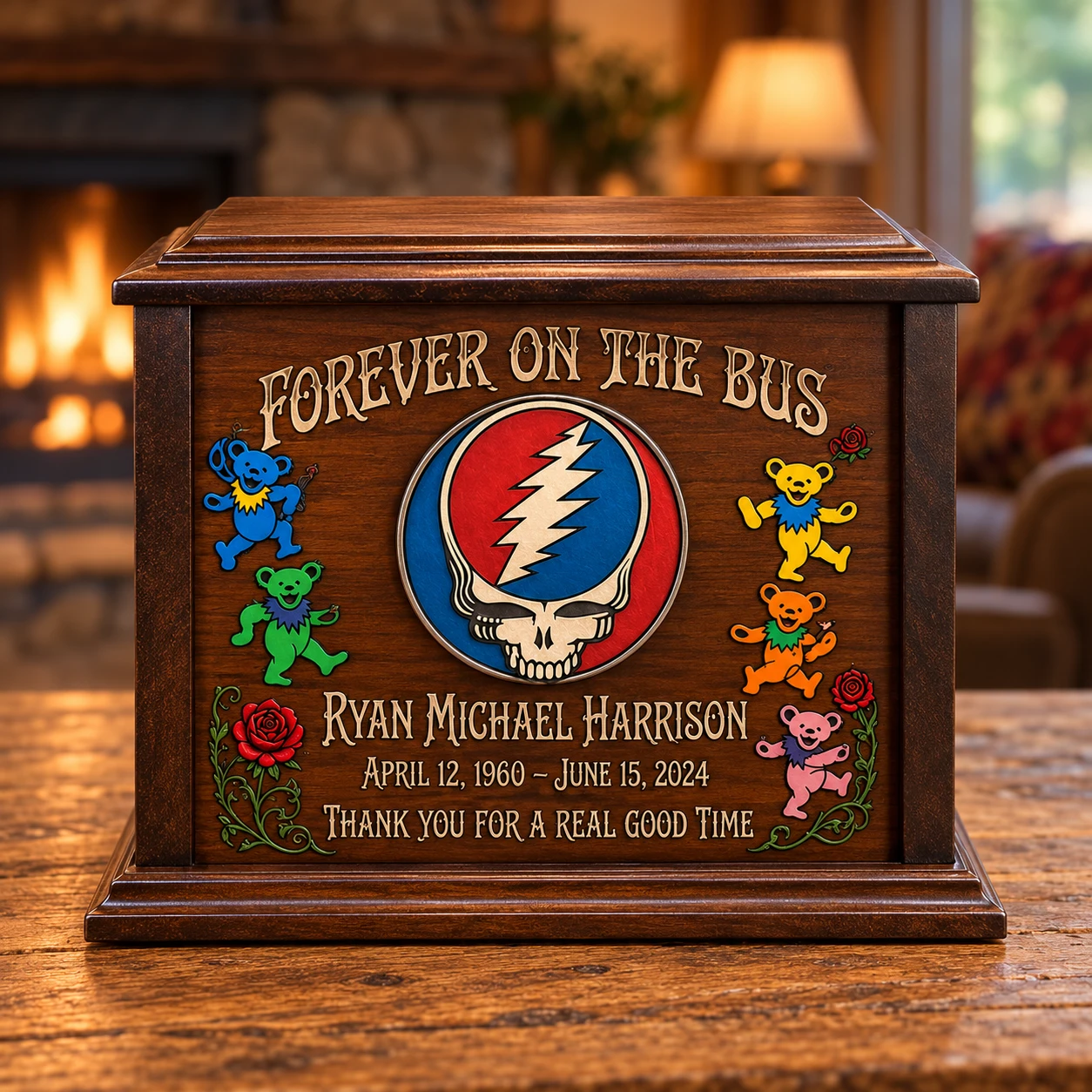 Dark wood urn with dancing bears and roses &mdash; proposed concept