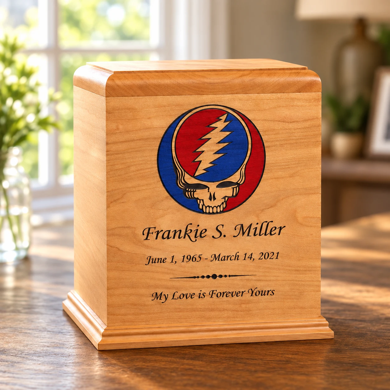 Honey wood urn with Grateful Dead skull artwork &mdash; proposed concept