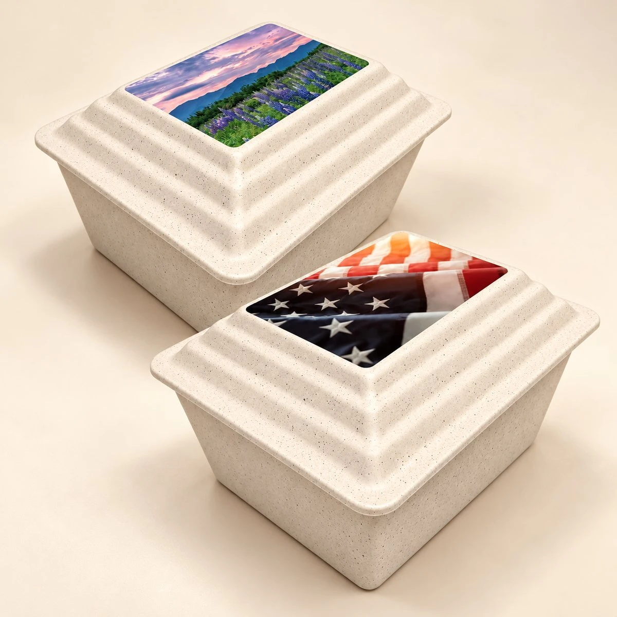 Life in Color urn vaults with meadow and flag designs