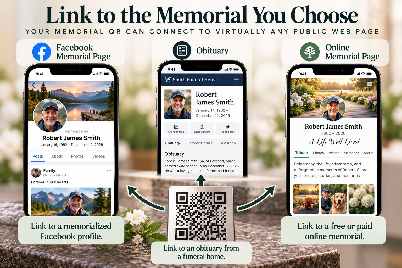 Your Memorial QR can connect to an obituary, Facebook memorial, online memorial and other public webpages