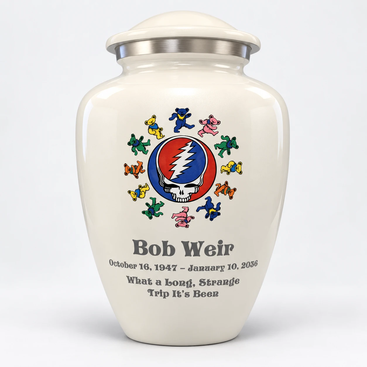 Pearl vase urn with Grateful Dead skull artwork &mdash; proposed concept